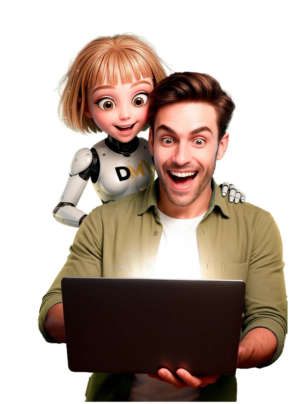 Man and robot character with laptop